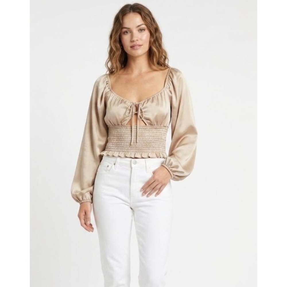 New Crave Fame Large Tan Milkmaid Smock Waist Tie Front Long Sleeve Feminine